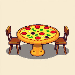A pixel art style dining table designed to resemble a pizza, featuring vibrant colors representing various pizza toppings like pepperoni, mushrooms, green peppers, and olives