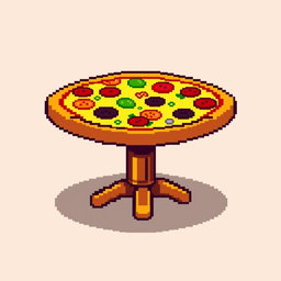 A pixel art style dining table designed to resemble a pizza, featuring vibrant colors representing various pizza toppings like pepperoni, mushrooms, green peppers, and olives
