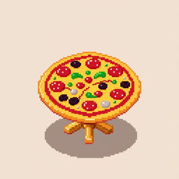 A pixel art style dining table designed to resemble a pizza, featuring vibrant colors representing various pizza toppings like pepperoni, mushrooms, green peppers, and olives
