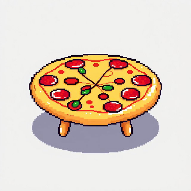 A pixel art style illustration of a pizza-shaped table