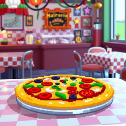 A pixel art style table shaped like a pizza, with vibrant colors representing various toppings such as pepperoni, mushrooms, olives, and green peppers