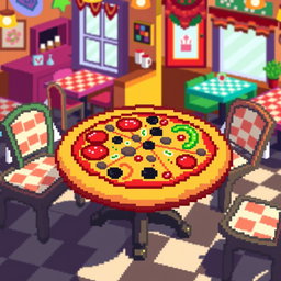 A pixel art style table shaped like a pizza, with vibrant colors representing various toppings such as pepperoni, mushrooms, olives, and green peppers