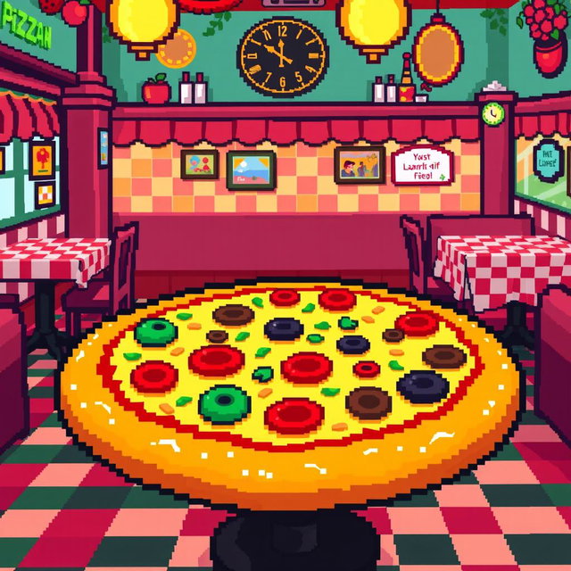 A pixel art style table shaped like a pizza, with vibrant colors representing various toppings such as pepperoni, mushrooms, olives, and green peppers