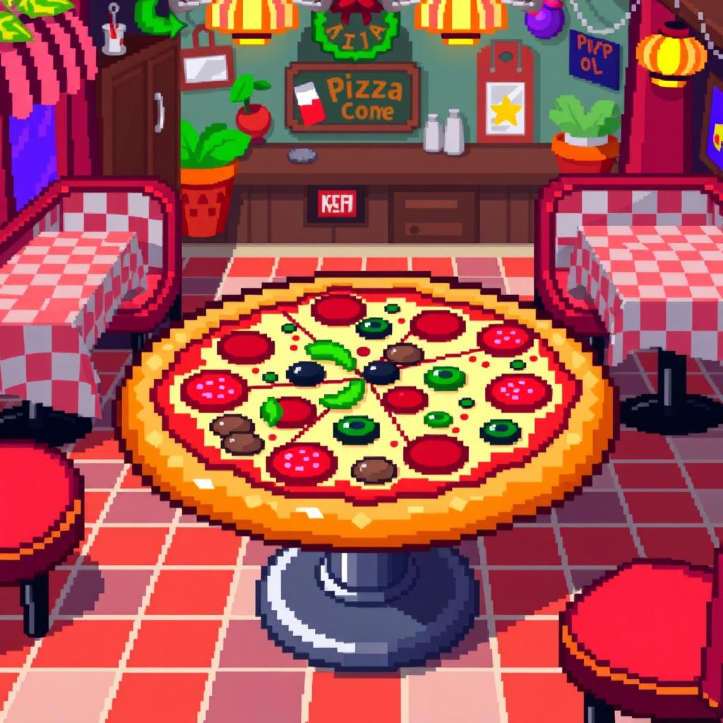 A pixel art style table shaped like a pizza, with vibrant colors representing various toppings such as pepperoni, mushrooms, olives, and green peppers