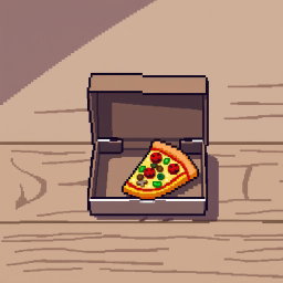 A pixel art scene featuring a wooden table with a pizza box on top, slightly open to reveal a delicious slice of pizza inside