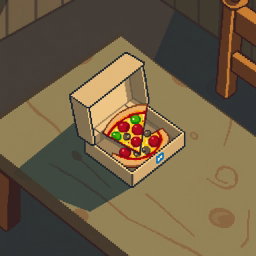 A pixel art scene featuring a wooden table with a pizza box on top, slightly open to reveal a delicious slice of pizza inside