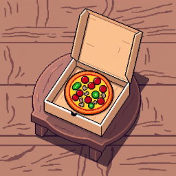 A pixel art scene featuring a wooden table with a pizza box on top, slightly open to reveal a delicious slice of pizza inside