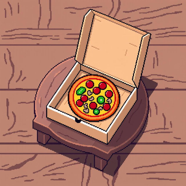 A pixel art scene featuring a wooden table with a pizza box on top, slightly open to reveal a delicious slice of pizza inside