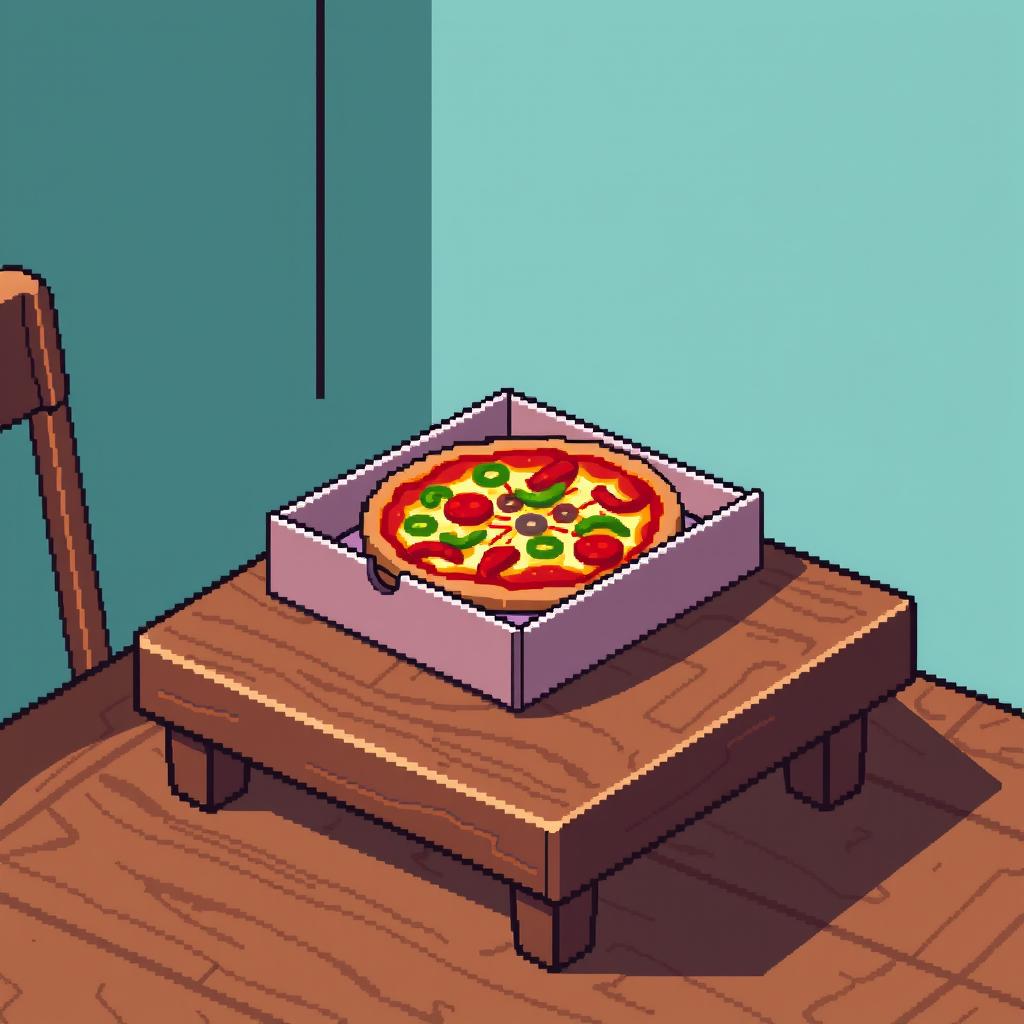 A pixel art scene featuring a wooden table with a pizza box on top, slightly open to reveal a delicious slice of pizza inside
