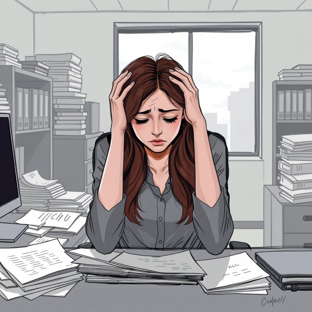 A sketch of a young woman sitting at a cluttered desk in an office environment, her facial expression reflecting deep sadness and depression