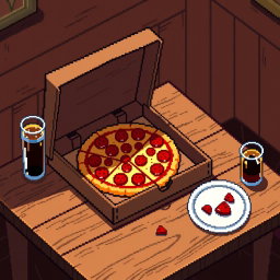 A pixel art scene featuring a wooden table with a pizza box open, showcasing a delicious pepperoni pizza inside