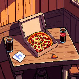 A pixel art scene featuring a wooden table with a pizza box open, showcasing a delicious pepperoni pizza inside