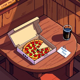 A pixel art scene featuring a wooden table with a pizza box open, showcasing a delicious pepperoni pizza inside