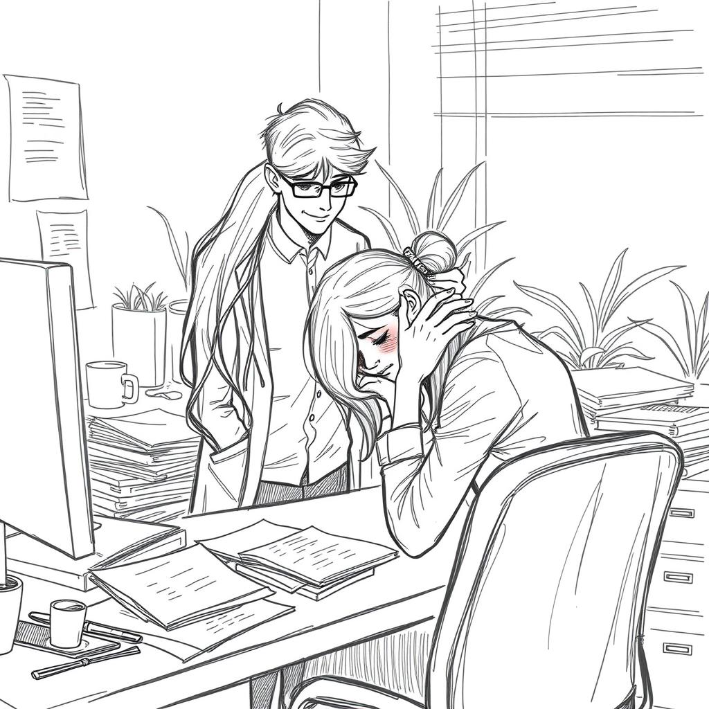 A poignant sketch of a young woman sitting at her cluttered desk in an office, her head resting on her hands, displaying visible signs of depression and weariness