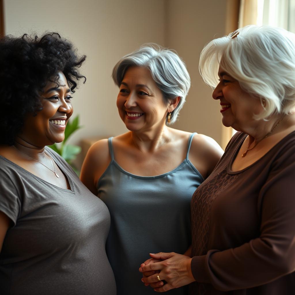 A realistic image portraying three women of different ethnicities and body types, celebrating female diversity in a warm and natural environment