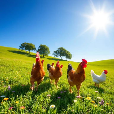 A charming scene featuring multiple chickens happily walking down a sunny hill in a lush green meadow