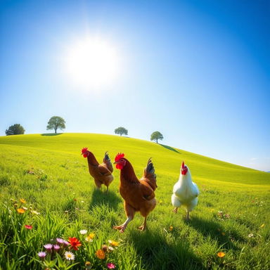 A charming scene featuring multiple chickens happily walking down a sunny hill in a lush green meadow