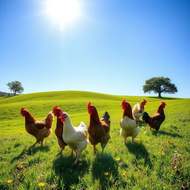 A charming scene featuring multiple chickens happily walking down a sunny hill in a lush green meadow