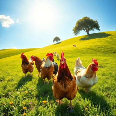 A charming scene featuring multiple chickens happily walking down a sunny hill in a lush green meadow