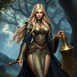 A stunning human female cleric with long, flowing blonde hair, wearing ornate, intricately designed clerical robes that are both elegant and form-fitting