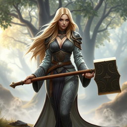 A stunning human female cleric with long, flowing blonde hair, wearing ornate, intricately designed clerical robes that are both elegant and form-fitting