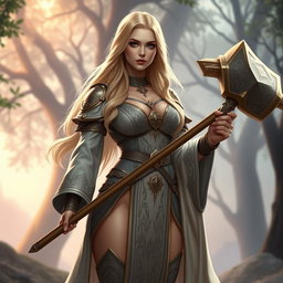 A stunning human female cleric with long, flowing blonde hair, wearing ornate, intricately designed clerical robes that are both elegant and form-fitting