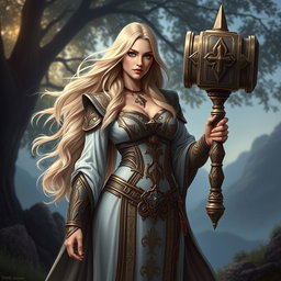 A stunning human female cleric with long, flowing blonde hair, wearing ornate, intricately designed clerical robes that are both elegant and form-fitting