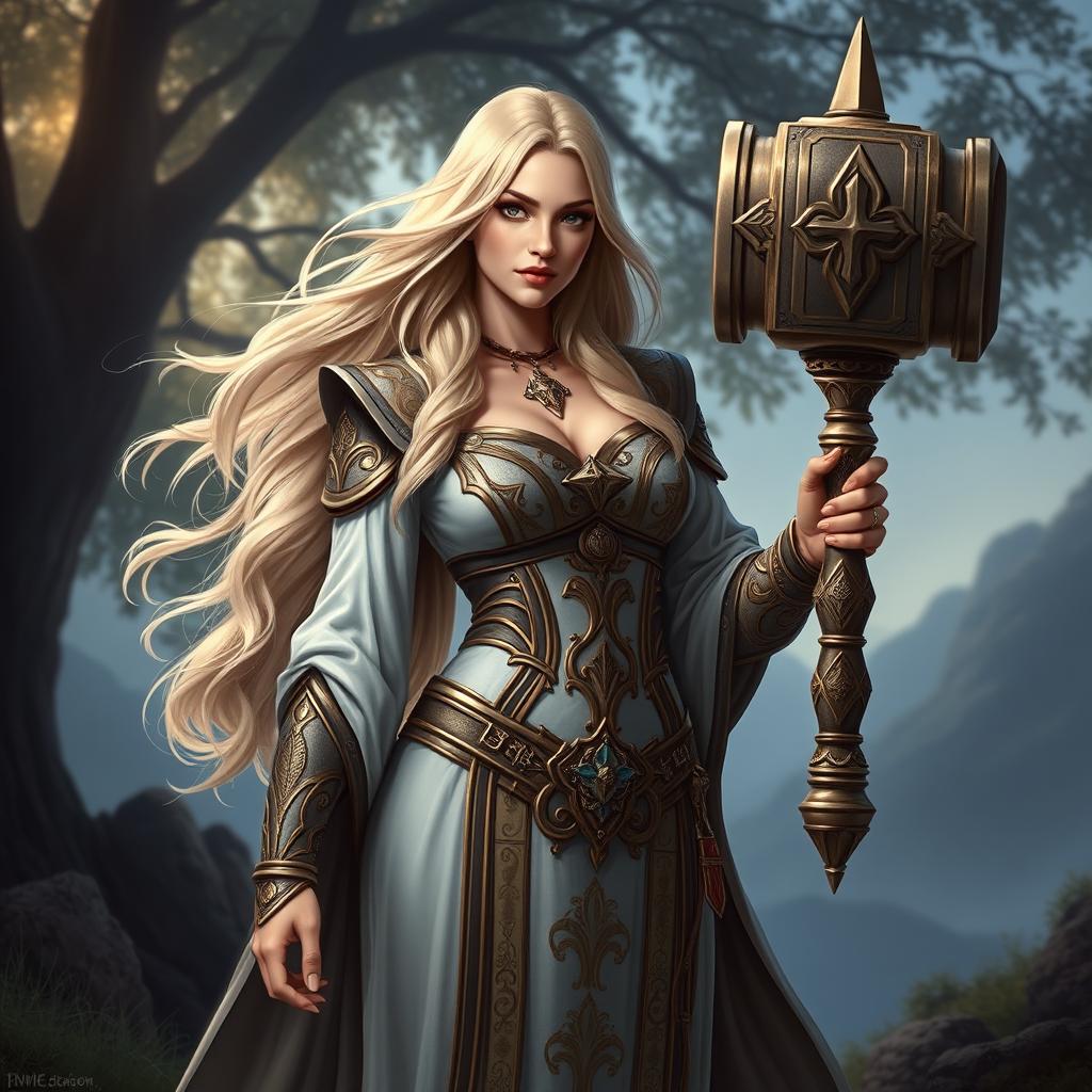 A stunning human female cleric with long, flowing blonde hair, wearing ornate, intricately designed clerical robes that are both elegant and form-fitting