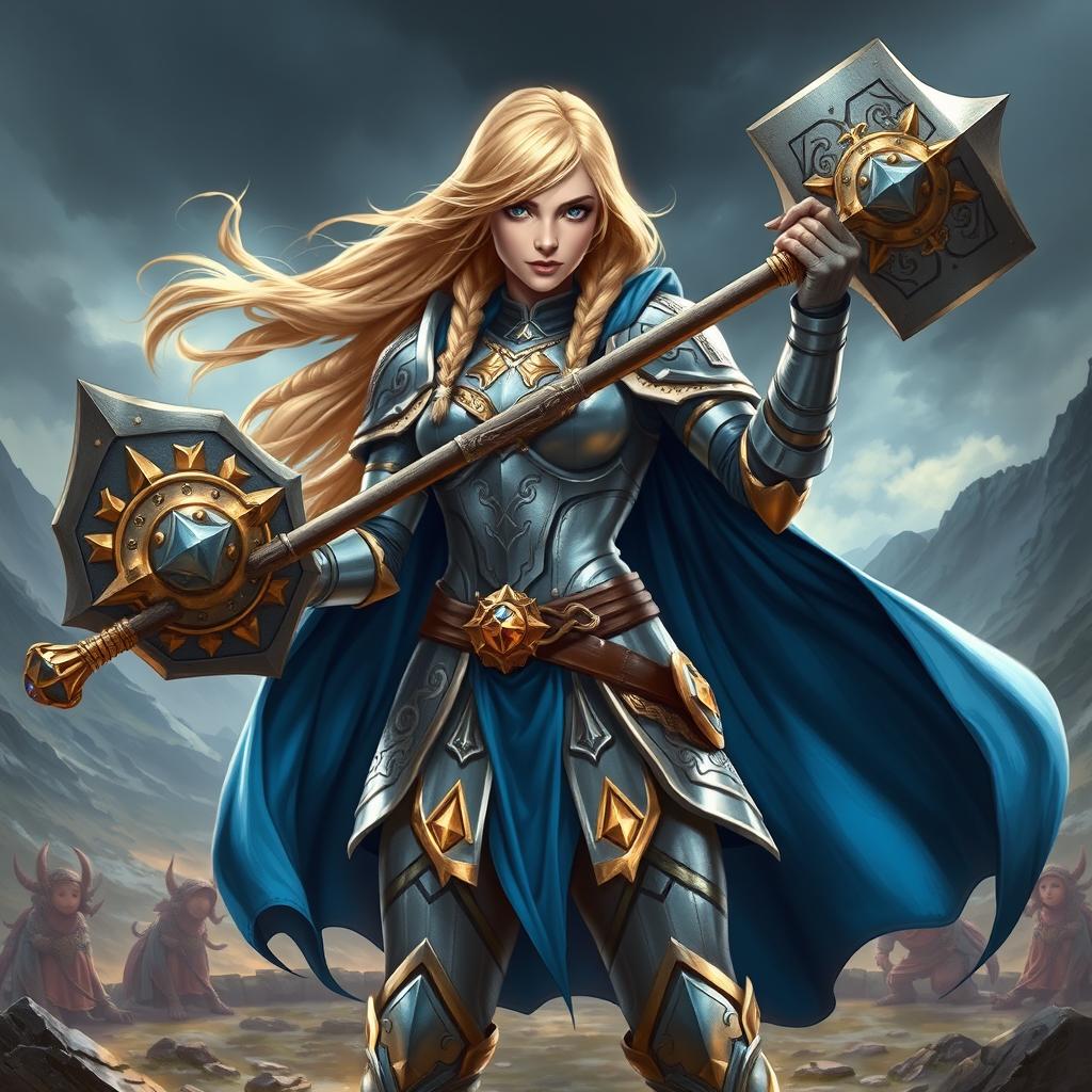 A heroic female paladin wielding a large ornate hammer, standing confidently as she radiates strength and determination