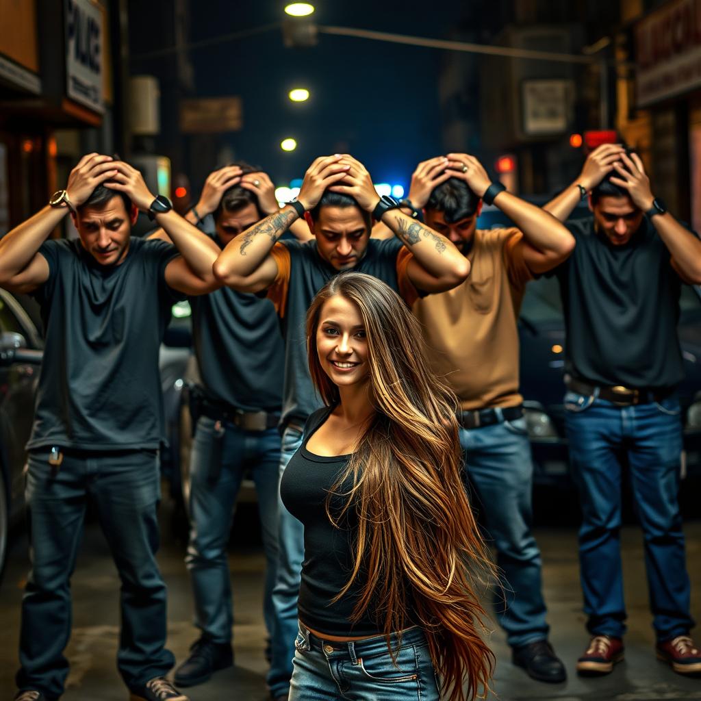 Five Italian thugs with a rugged appearance, dressed in casual jeans, standing with both hands on their heads as police take them into custody