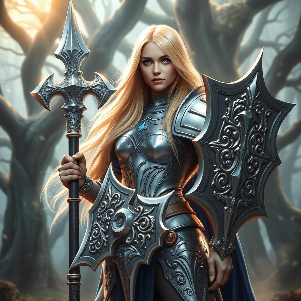 A heroic female paladin with long flowing blonde hair, clad in shining silver armor that reflects the light, holding a large, ornate mace adorned with intricate engravings