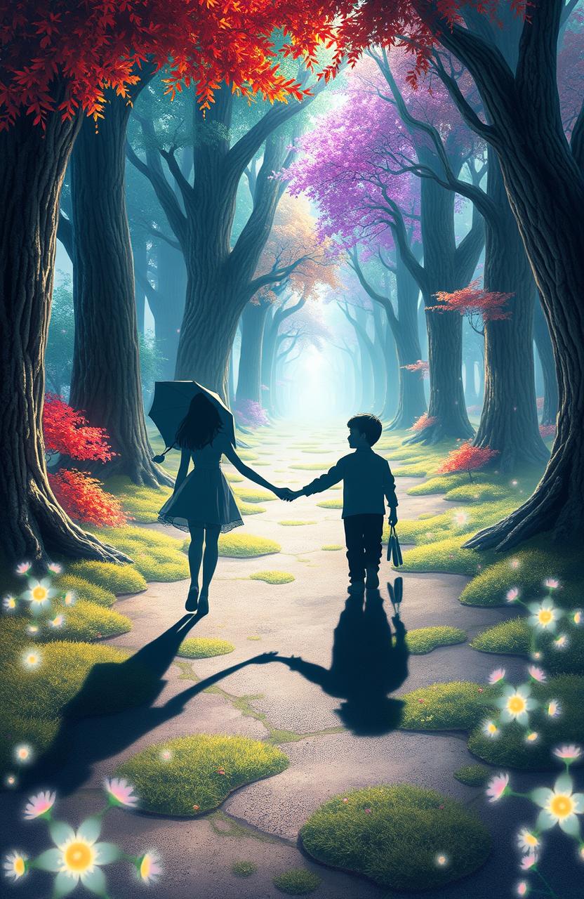 A surrealistic interpretation of a shadow cast by a girl and a boy walking hand in hand along a forest pathway