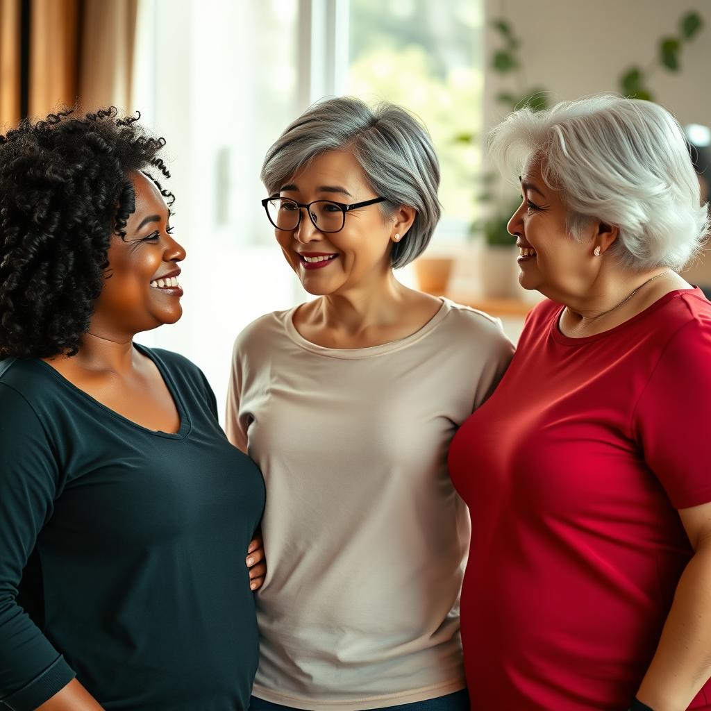 A realistic image portraying three women of different ethnicities and body types, showcasing female diversity in a warm and natural environment