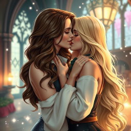 A romantic scene featuring a sexy Hermione Granger, depicted as an alluring and confident young woman with wavy brown hair and a warm smile