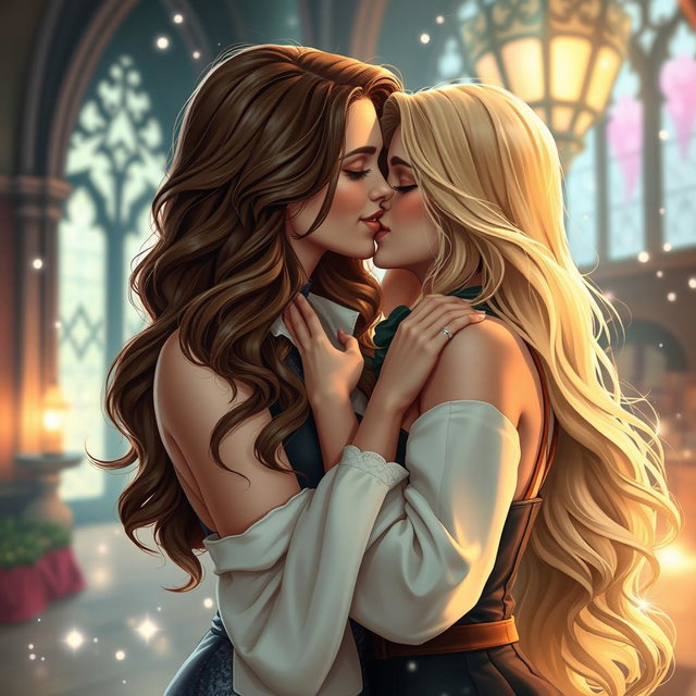 A romantic scene featuring a sexy Hermione Granger, depicted as an alluring and confident young woman with wavy brown hair and a warm smile