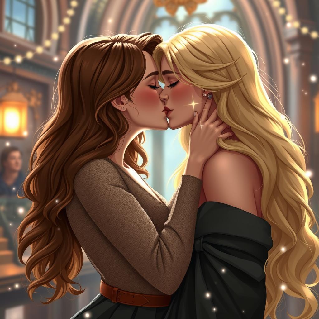 A romantic scene featuring a sexy Hermione Granger, depicted as an alluring and confident young woman with wavy brown hair and a warm smile