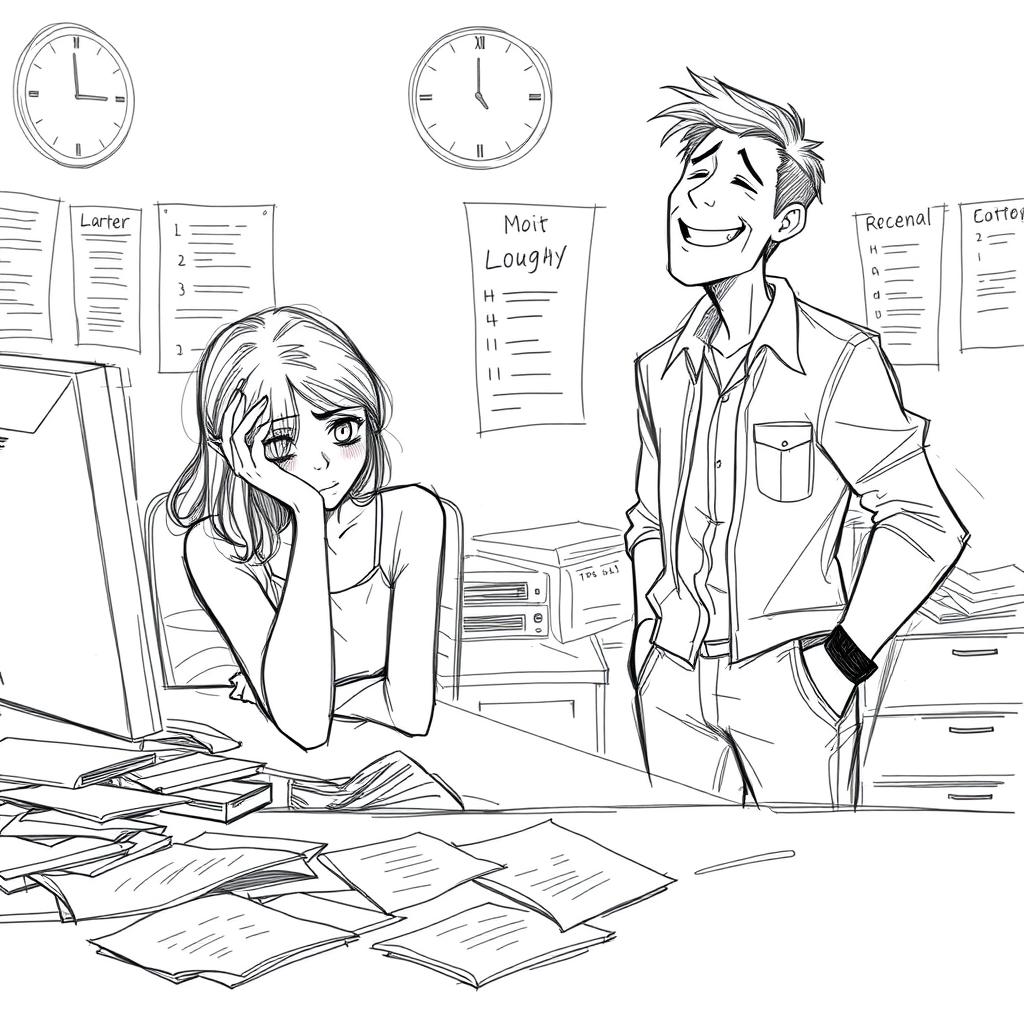 A heartfelt sketch of a young woman sitting at her disorganized desk in an office, her expression one of deep sadness, head resting on her hand, showcasing her feelings of despair