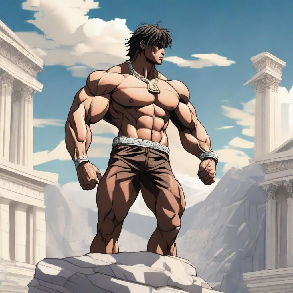 Anime-style depiction of Zyzz, the renowned bodybuilder, standing proudly atop Mount Olympus, showcasing his muscular physique against an epic backdrop of the Greek gods' dwelling.