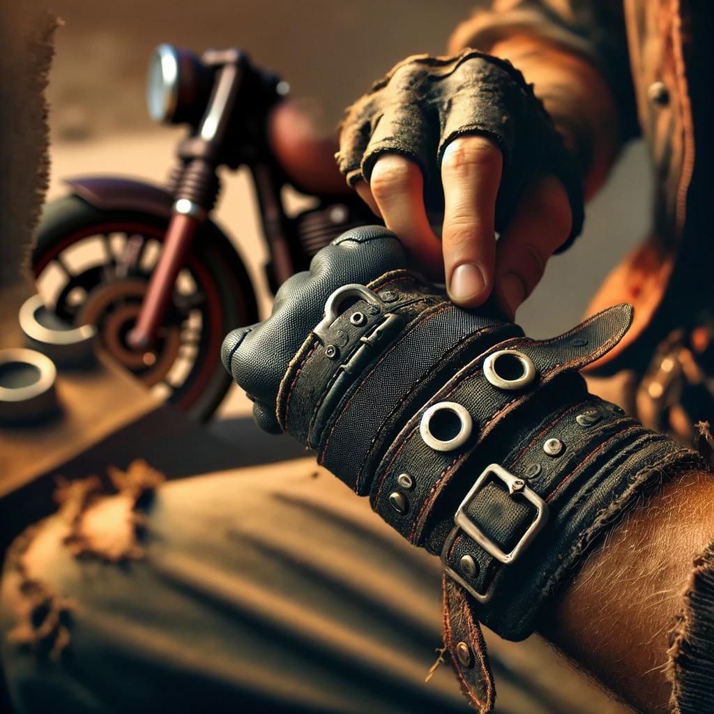 A close-up shot of a man's hand clenched into a fist with the palm turned outwards, showcasing detailed dieselpunk gloves