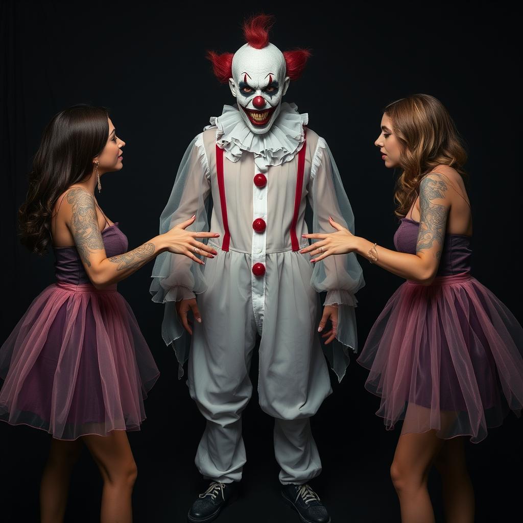 Two women dressed in stylish mini dresses made of transparent gauze, showcasing intricate tattoos on their arms and shoulders, are reaching out towards a creepy zombie clown standing in the middle