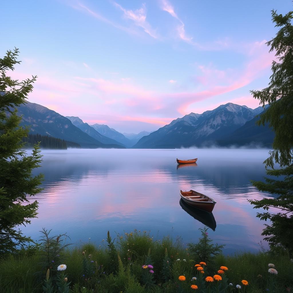 A serene landscape featuring a tranquil lake surrounded by majestic mountains