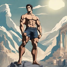 Anime-style depiction of Zyzz, the renowned bodybuilder, standing proudly atop Mount Olympus, showcasing his muscular physique against an epic backdrop of the Greek gods' dwelling.