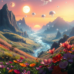 A breathtaking view of a vibrant and colorful alien planet, featuring unique flora and fauna