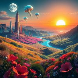 A breathtaking view of a vibrant and colorful alien planet, featuring unique flora and fauna