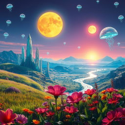 A breathtaking view of a vibrant and colorful alien planet, featuring unique flora and fauna