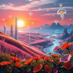 A breathtaking view of a vibrant and colorful alien planet, featuring unique flora and fauna