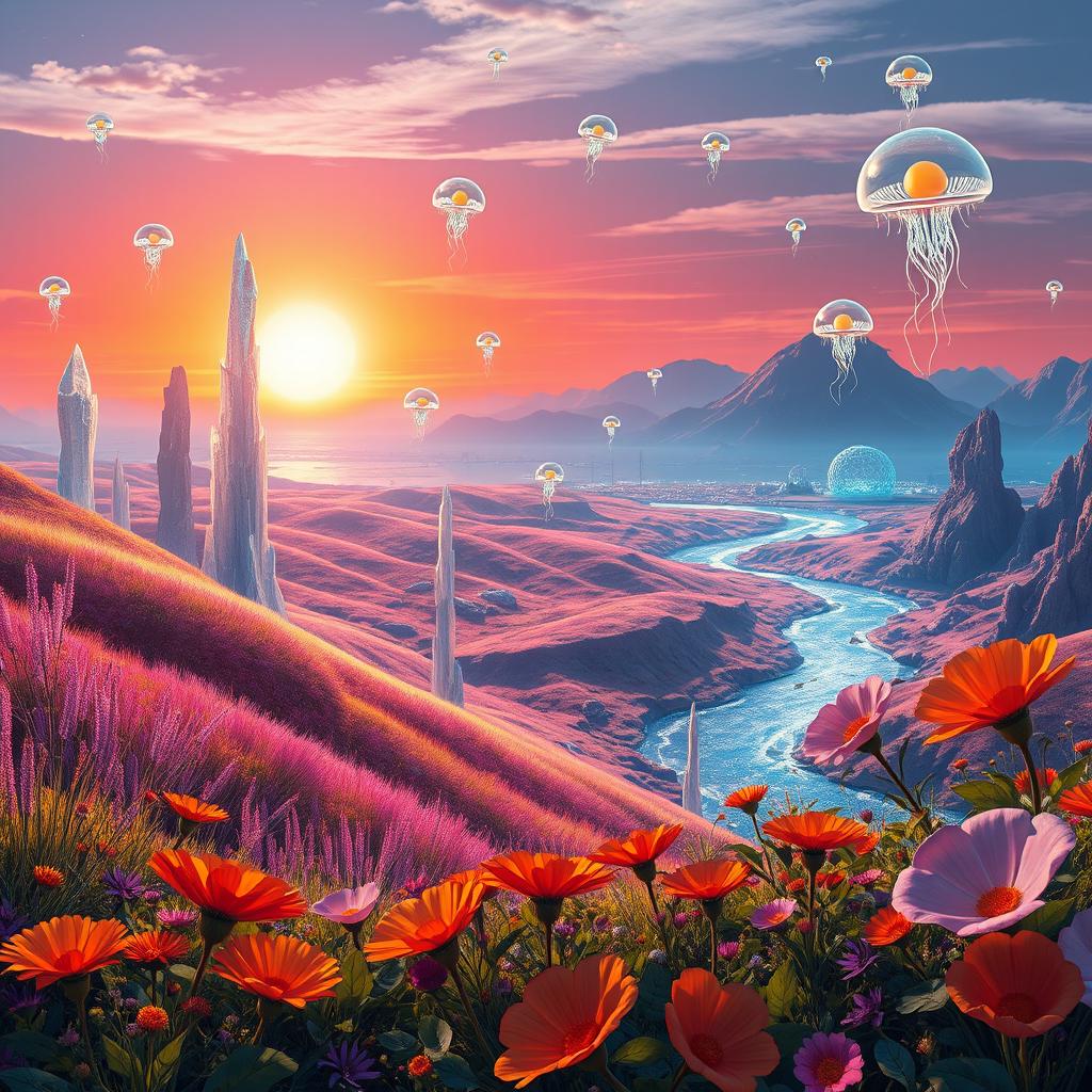 A breathtaking view of a vibrant and colorful alien planet, featuring unique flora and fauna