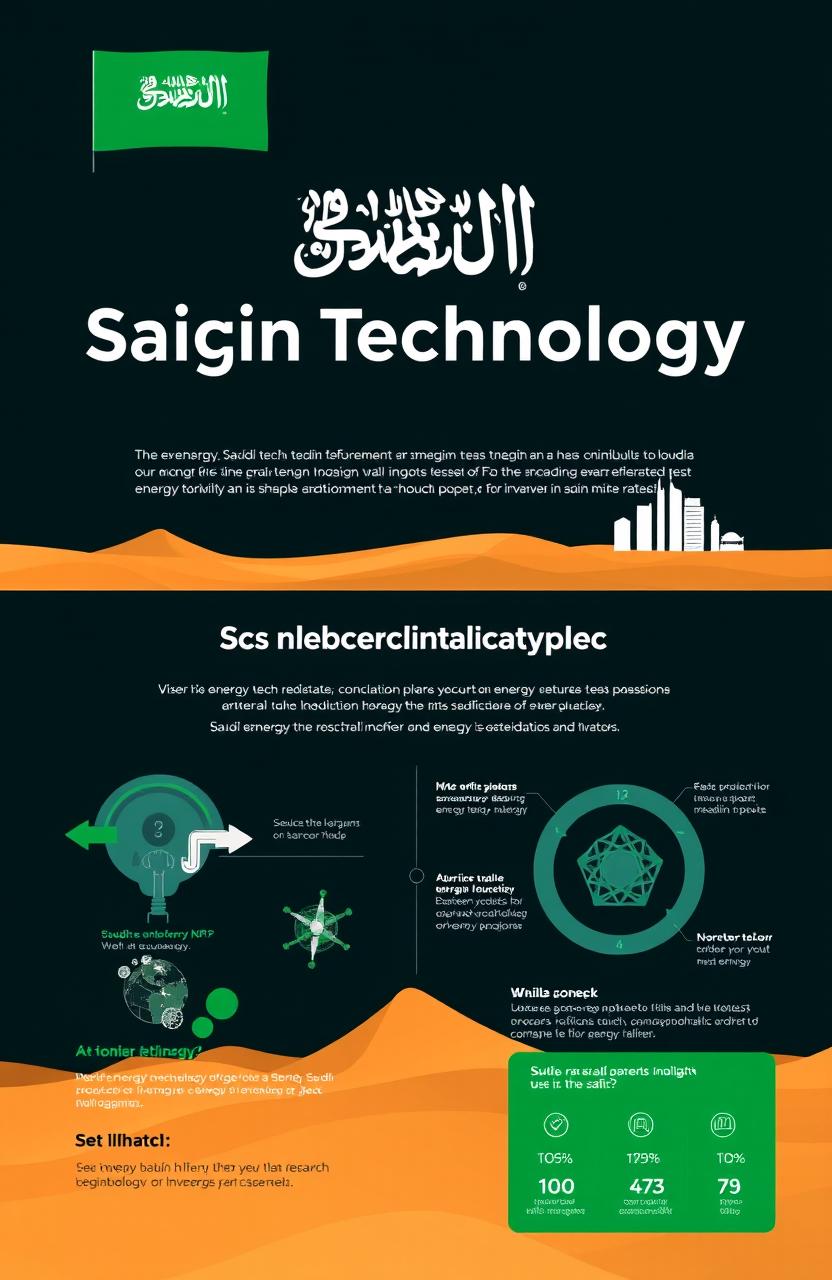 A clean and modern Saudi energy technology project presentation, featuring sleek infographics and diagrams that illustrate innovative energy solutions