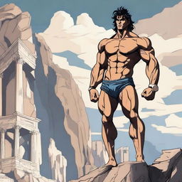 Anime-style depiction of Zyzz, the renowned bodybuilder, standing proudly atop Mount Olympus, showcasing his muscular physique against an epic backdrop of the Greek gods' dwelling.