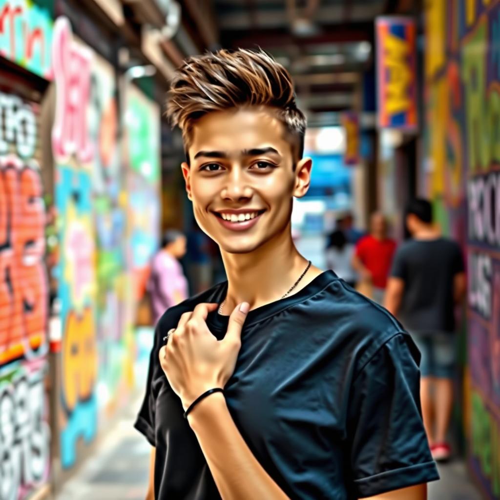 A stylish person wearing a black T-shirt, looking confidently into the camera